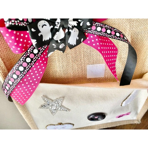 New Ghost Pumpkin Star Halloween Natural Jute Bag Tote Purse w/ Bow - Picture 7 of 10